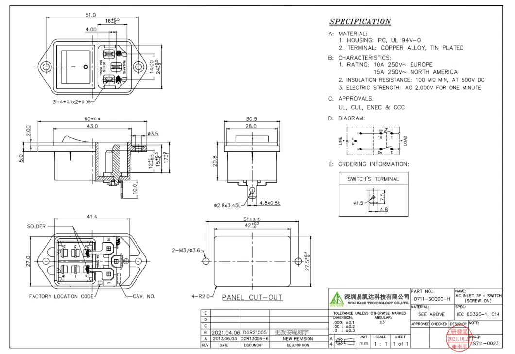 Ene60320 C14 Male Socket with Rocker Switch 3 Pins Screw Mount Medical Electrical Socket 10A 250V PDU Connector