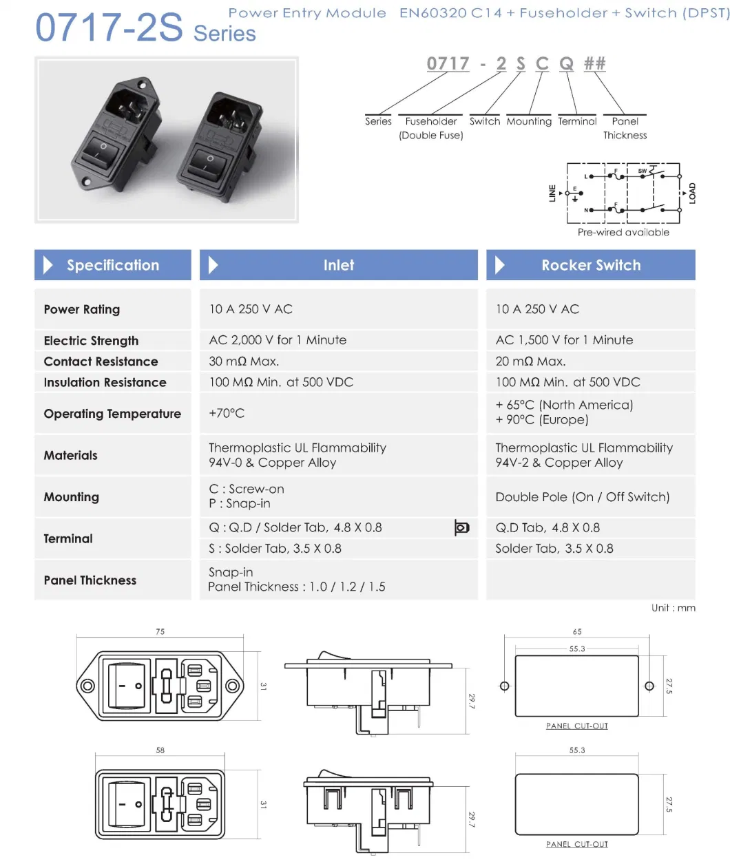 IEC Electrical Switch Connector Female Plug AC Power Inlet Medical Industrial Socket with Double Fuse